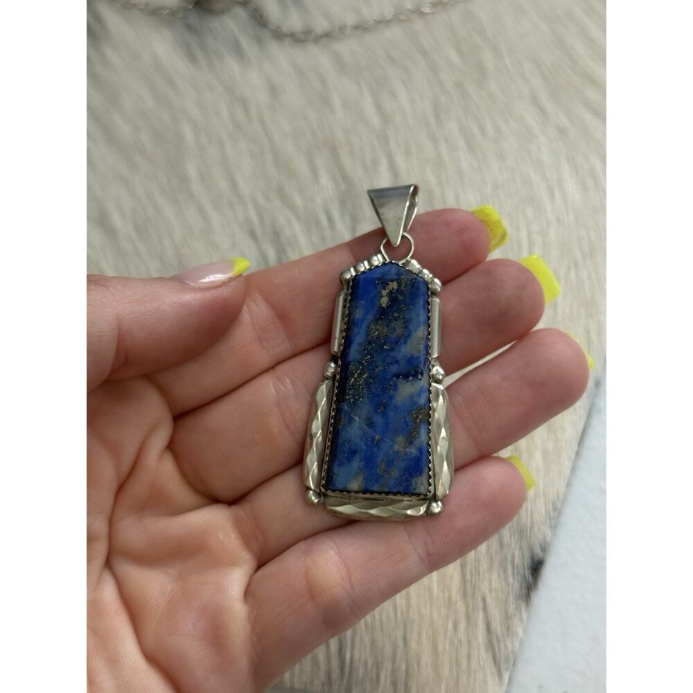 Zuni New Mexico Sterling Silver K. C. Signed Huge Lapis Lazuli Long Pendant - Picture 1 of 12